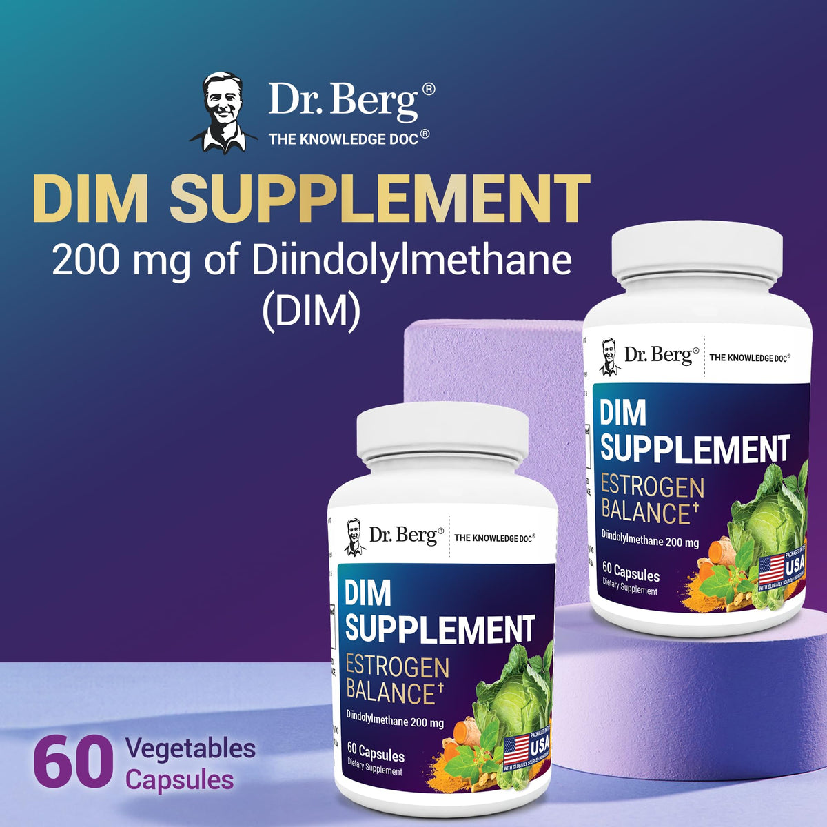 Close up of Dr. Berg DIM menopause and mood support supplement packaging.