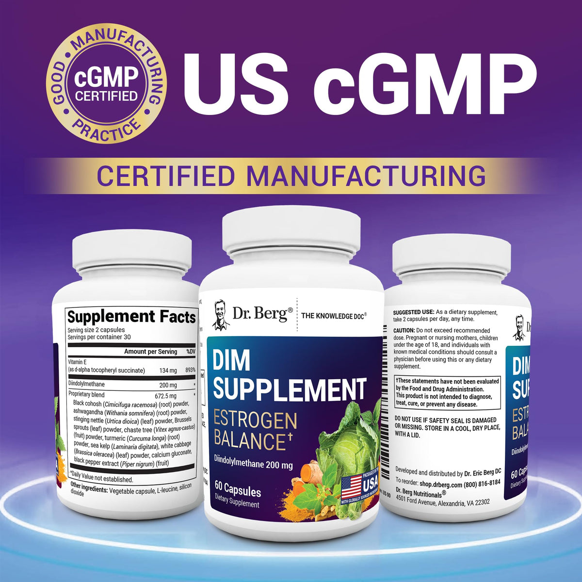 Dr. Berg DIM capsules bottle emphasizing the proprietary blend with black cohosh.