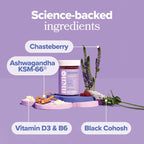 Back label view of O Positiv menopause supplement showing the complete nutritional facts and herbal extracts.