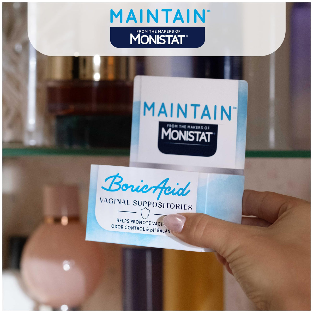 Close up of Monistat Maintain Boric Acid Suppository bottle