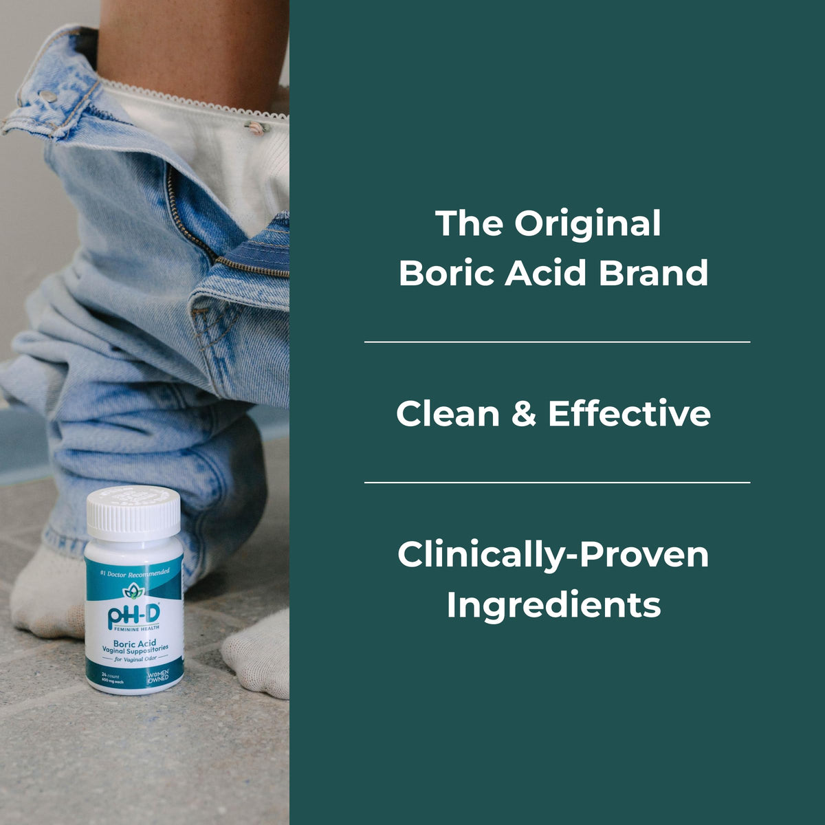 Back label of pH-D Feminine Health Boric Acid Suppositories showing clear usage directions and safety warnings.