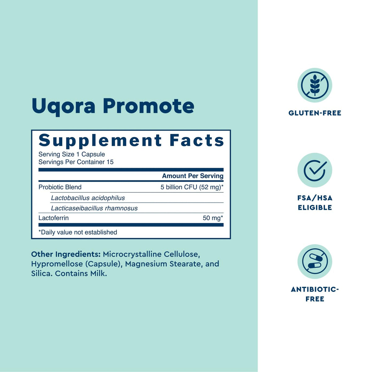 Uqora Promote vaginal probiotic capsules ingredient label closeup