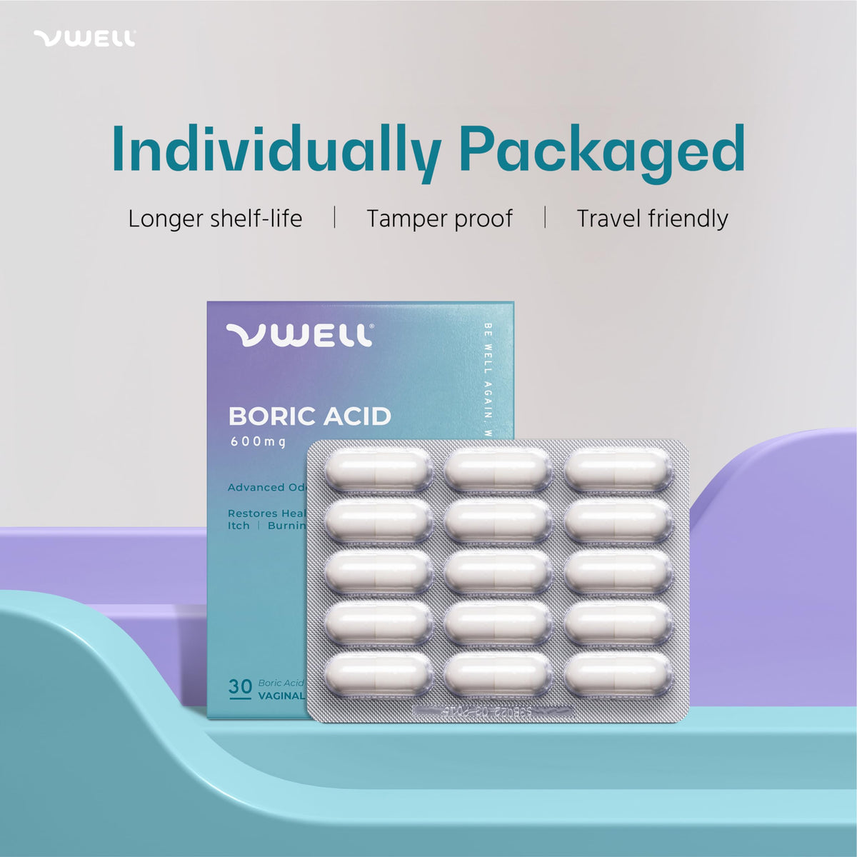 Vwell boric acid vaginal health supplement box