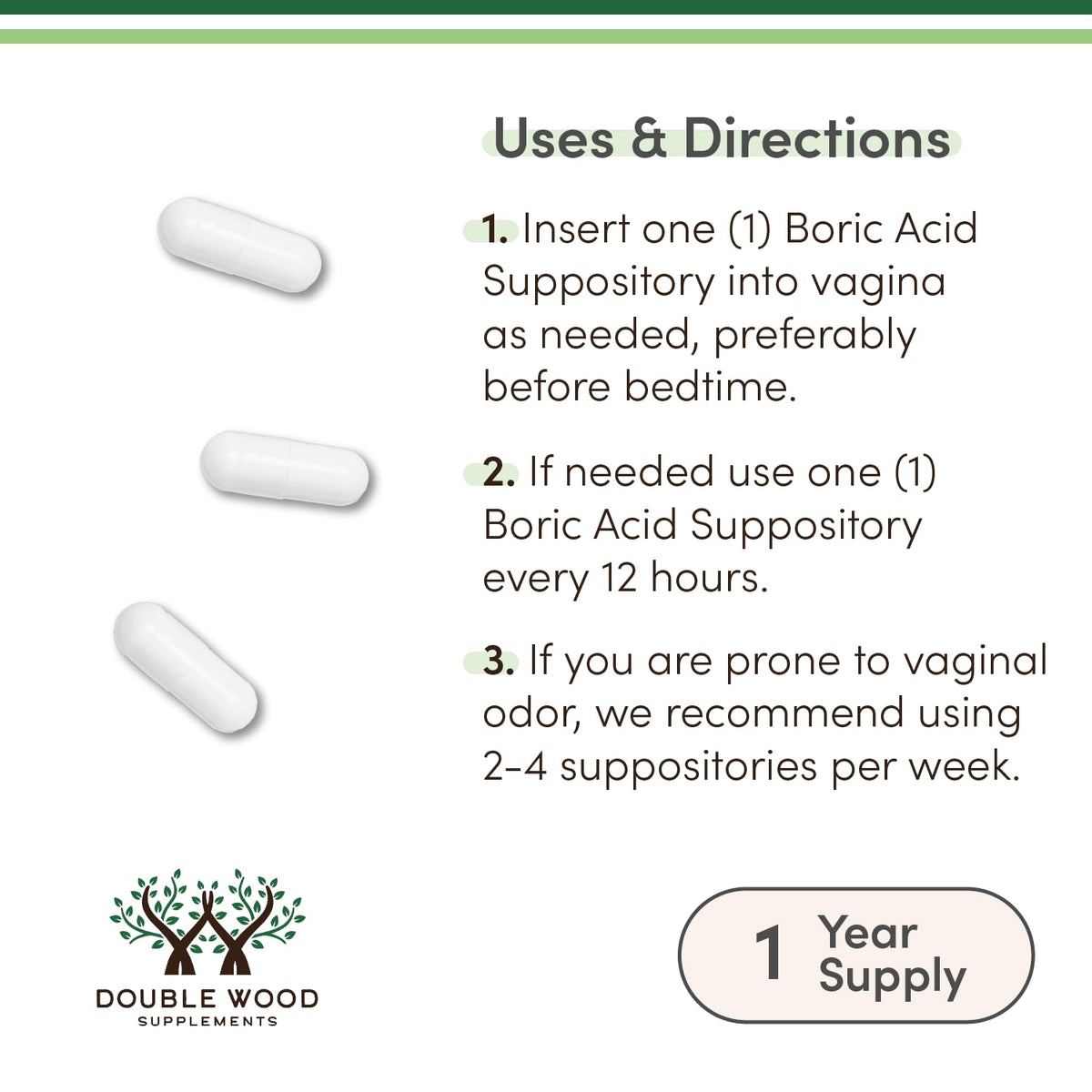 Double Wood Vaginal Suppositories 60 count bottle side view