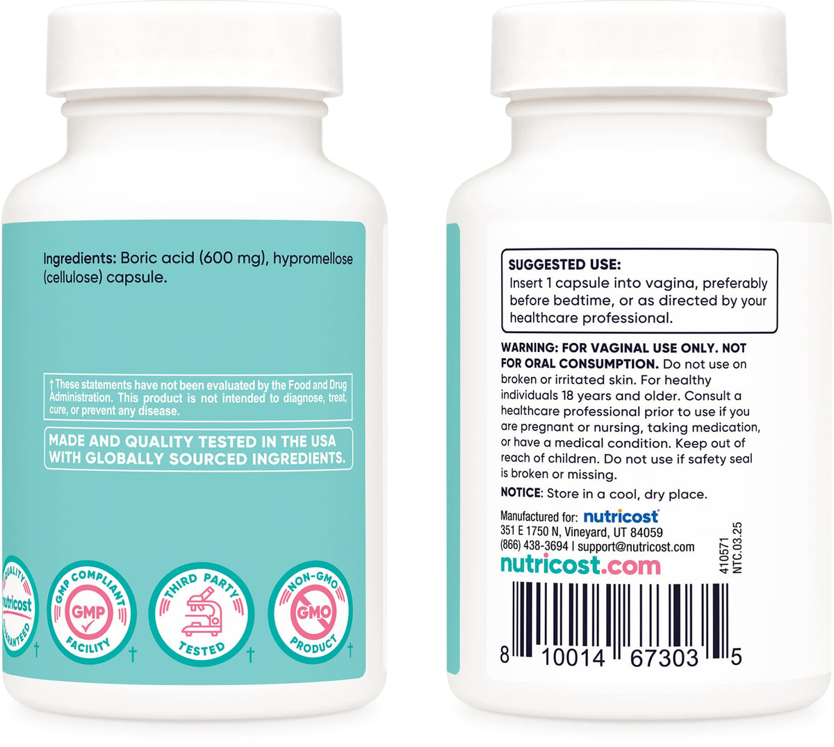 Nutricost non-GMO plant derived boric acid suppositories container highlighting premium intimate health manufacturing standards.