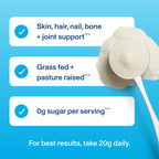 Close up of Vital Proteins grass fed bovine collagen supplement powder texture and scoop size