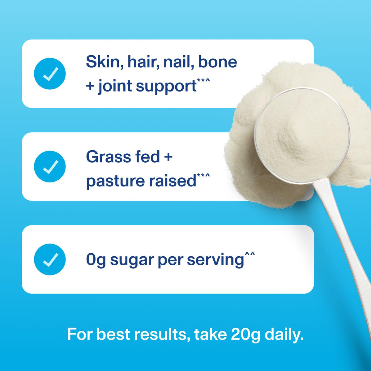 Close up of Vital Proteins grass fed bovine collagen supplement powder texture and scoop size
