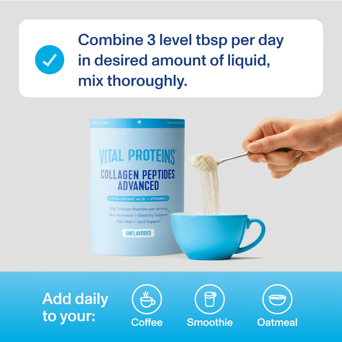 Vital Proteins bovine collagen peptides container showcasing hyaluronic acid and vitamin C callouts