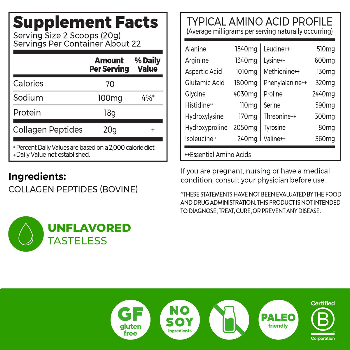 Orgain grass fed unflavored collagen powder nutrition facts label