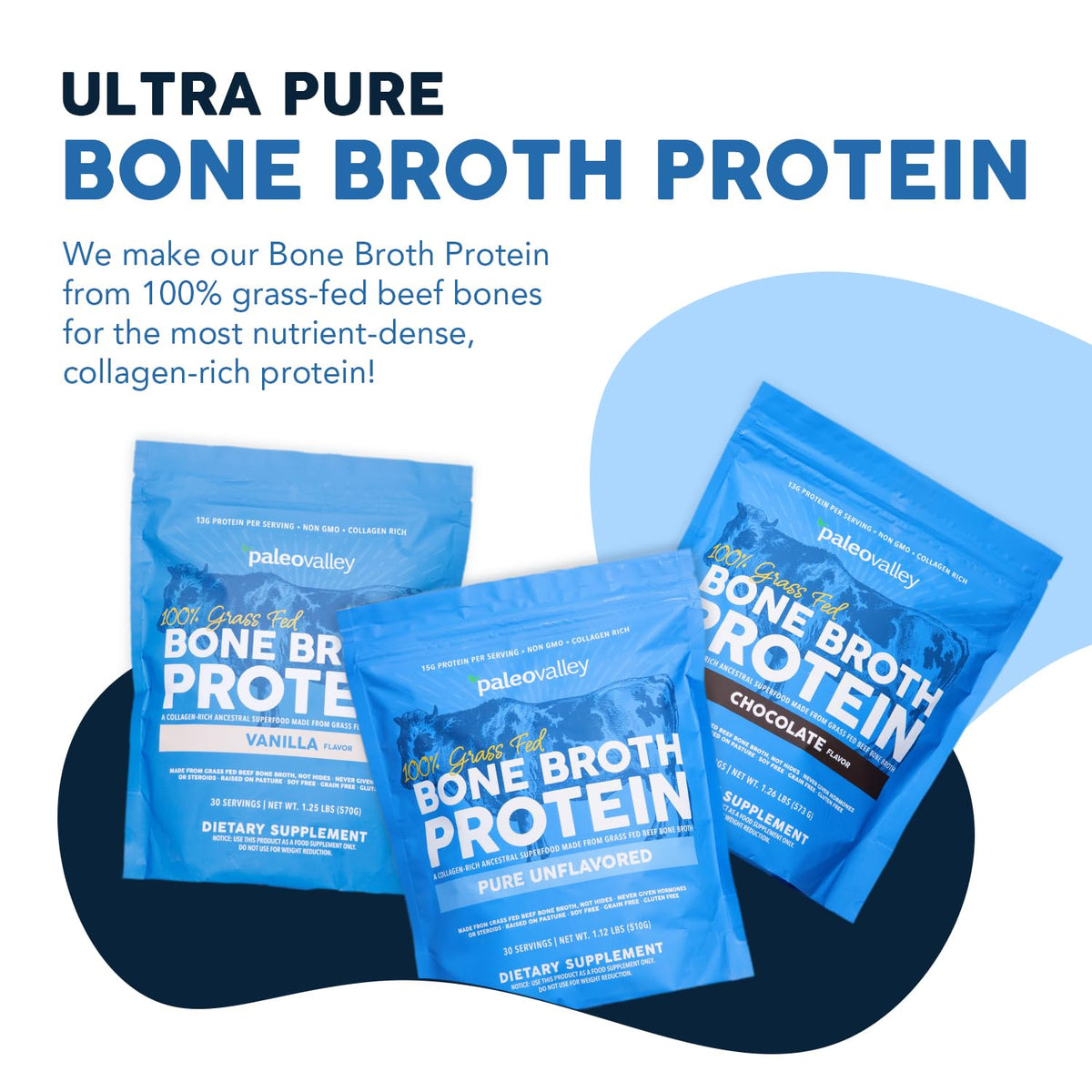 Paleovalley Chocolate Bone Broth Protein Powder bag showing thirteen grams protein claim