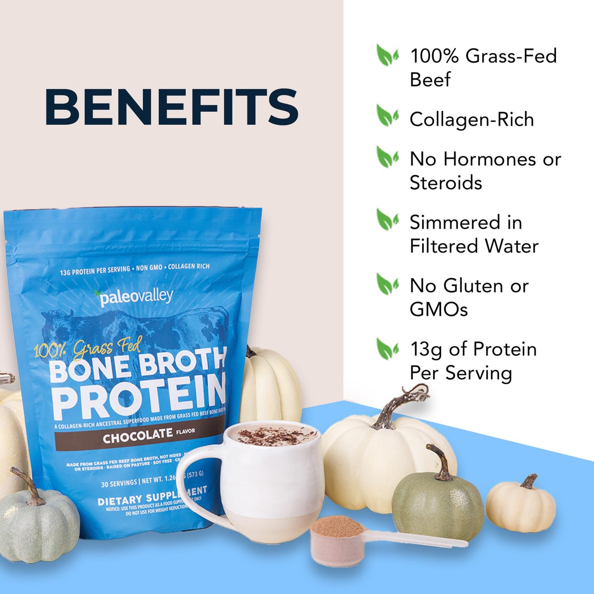 Back label of Paleovalley 100 percent grass fed bone broth powder showing ingredients list