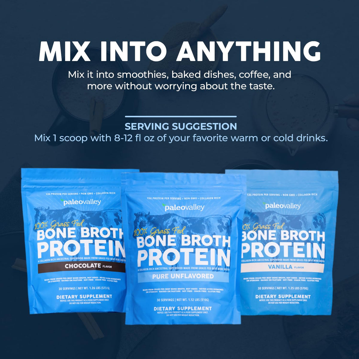 Nutritional facts panel on Chocolate Paleovalley beef bone broth protein container