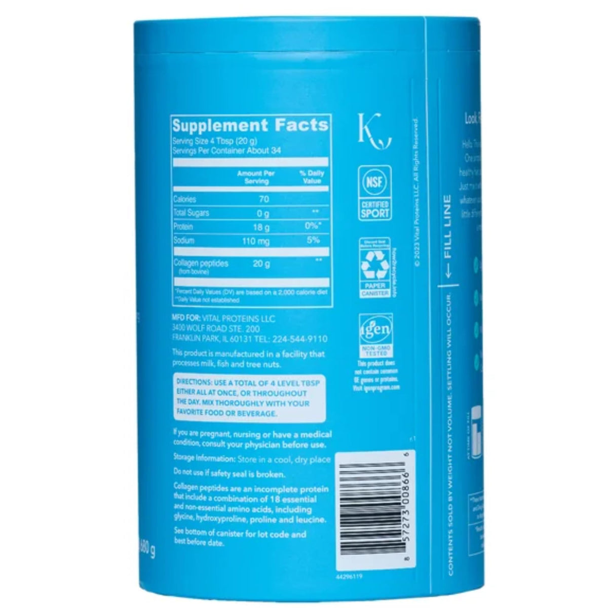 Nutritional facts label of unflavored collagen peptides powder supplement