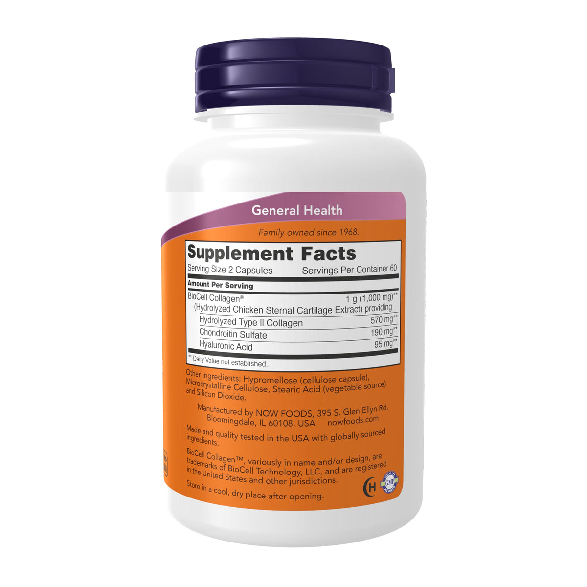 NOW Foods BioCell Collagen bottle showing supplement facts label and hydrolyzed type 2 ingredients.