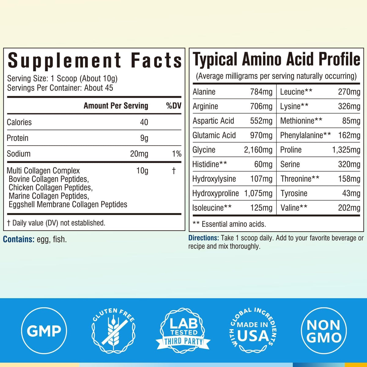 Terranics hydrolyzed collagen powder packaging highlighting types I, II, III, V, and X protein sources.