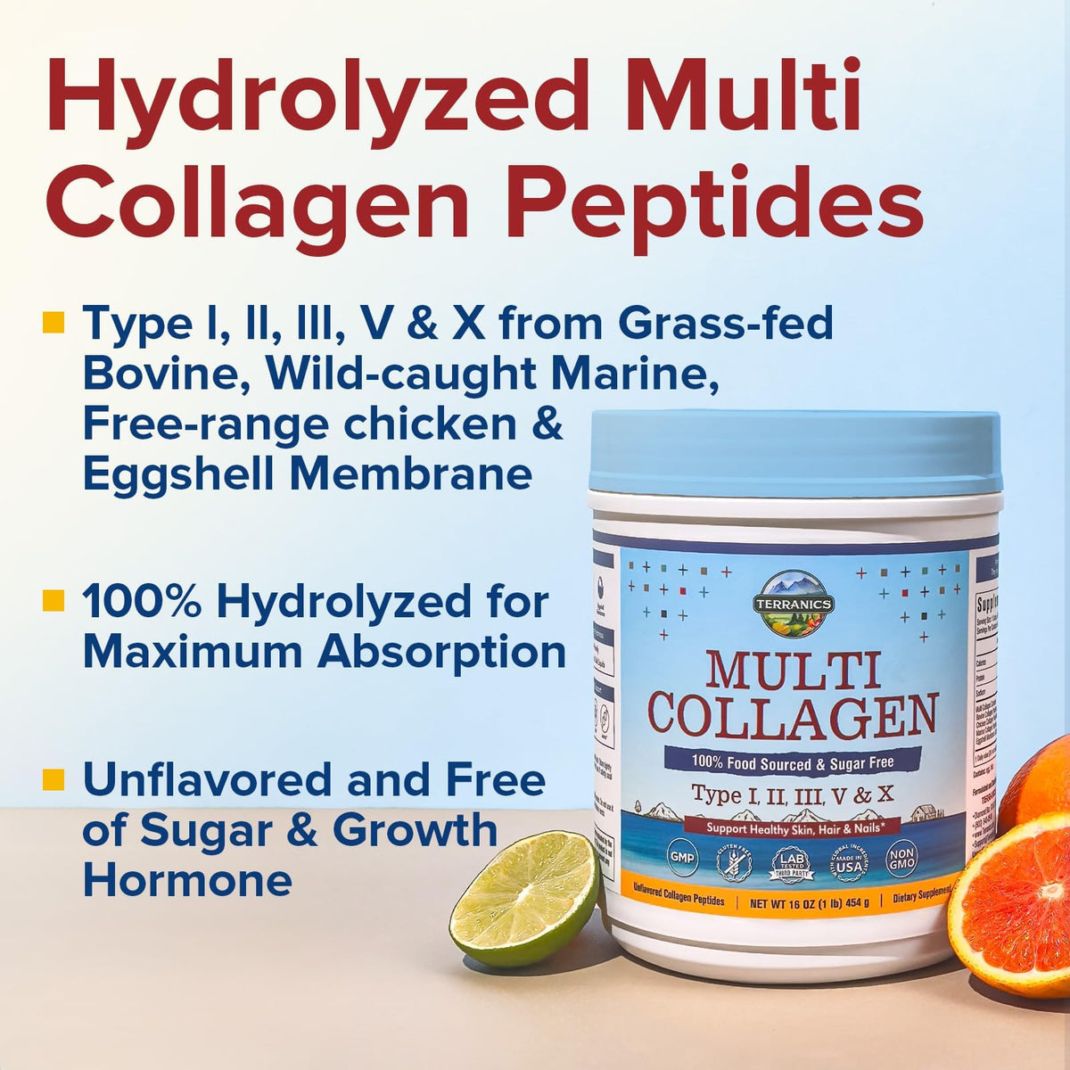 Supplement facts label on the back of Terranics multi collagen showing biotin and hyaluronic acid breakdown.
