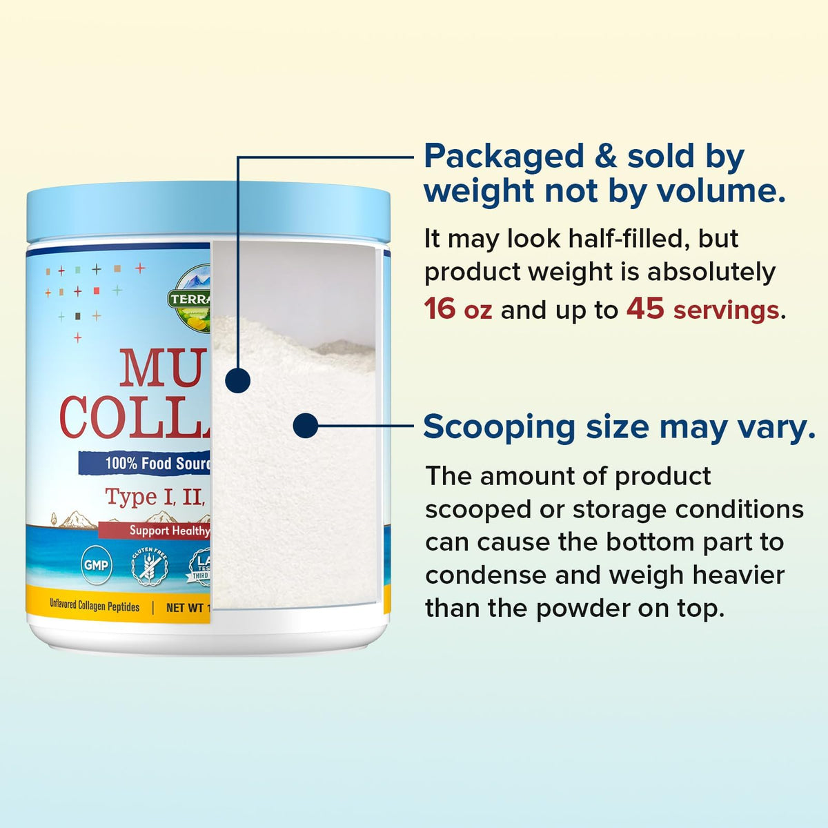 Close up look at the fine texture of USA imported Terranics hydrolyzed multi collagen powder.