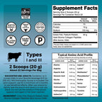 Side view of Viva Naturals grass fed unflavored collagen supplement packaging highlighting nutrition facts and dietary certifications.