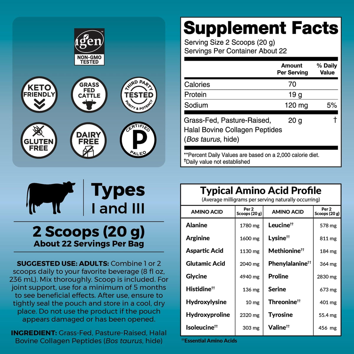 Side view of Viva Naturals grass fed unflavored collagen supplement packaging highlighting nutrition facts and dietary certifications.