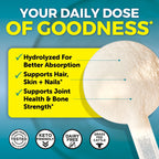 Close up shot of the unflavored Type I and III collagen powder texture showcasing its easy dissolving fine consistency.