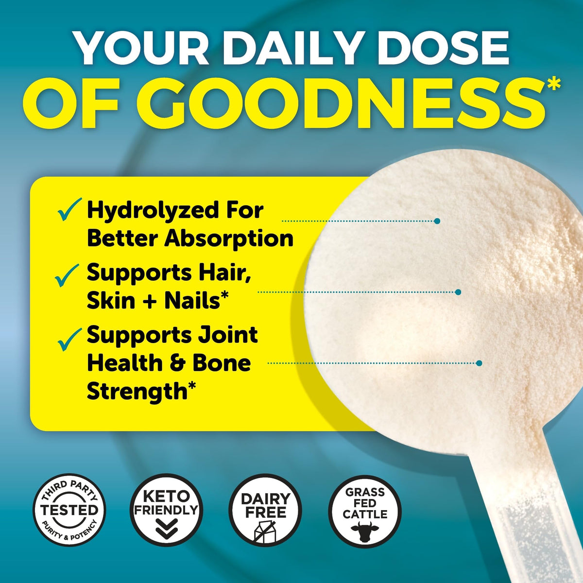 Close up shot of the unflavored Type I and III collagen powder texture showcasing its easy dissolving fine consistency.