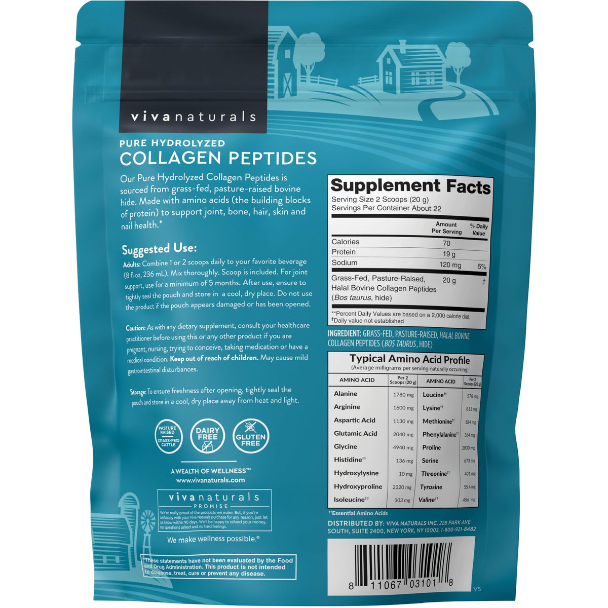 Infographic view of Viva Naturals supplement emphasizing the nineteen grams of clean protein per serving for joint and skin health.