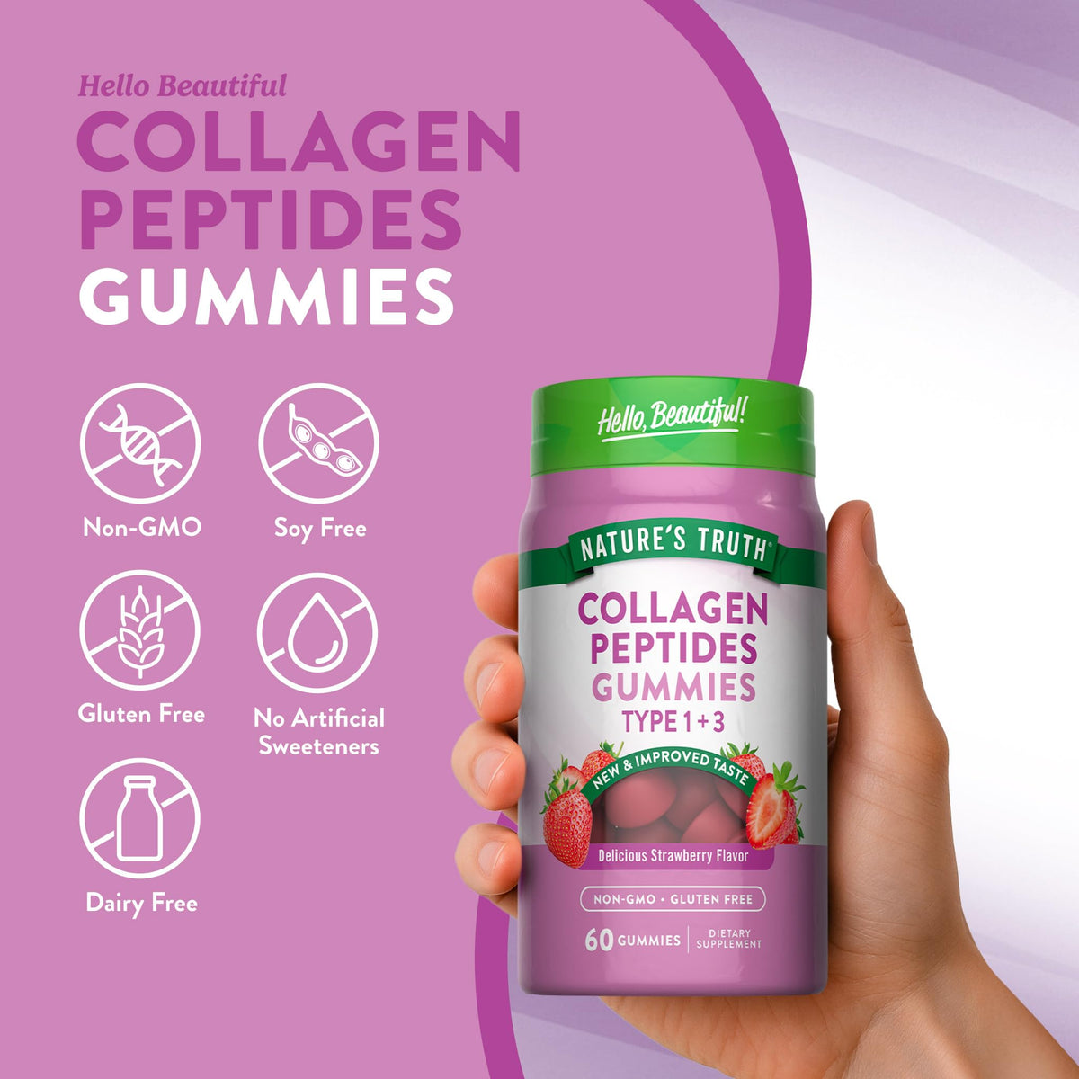 Close up of strawberry flavored chewable collagen gummies for women skin and hair support.