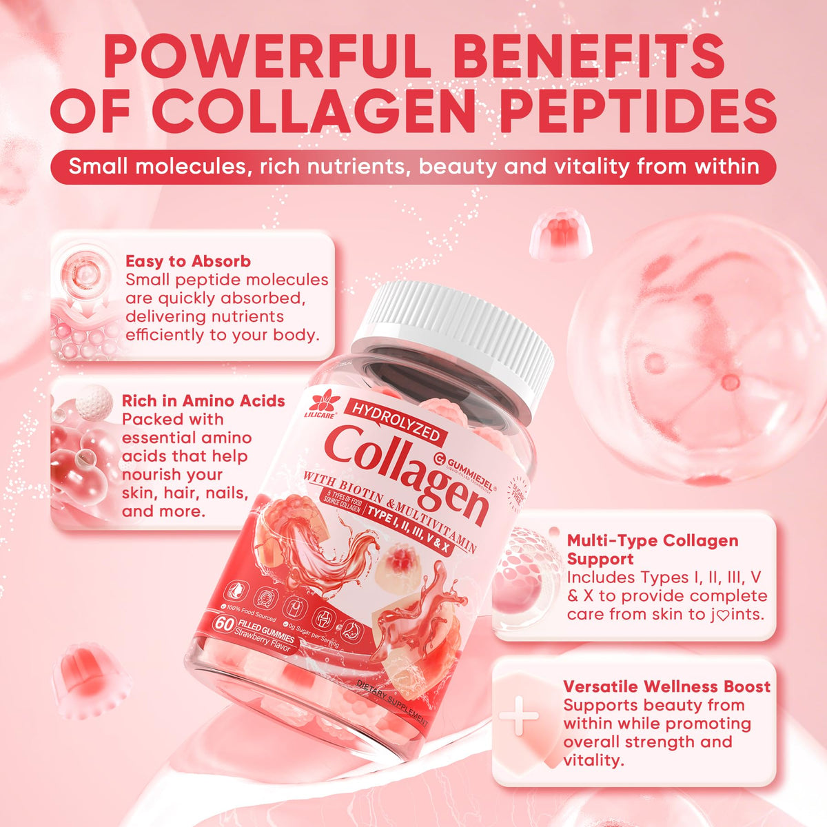 LILICARE multi collagen dietary supplement bottle demonstrating the 5 in 1 collagen matrix types.