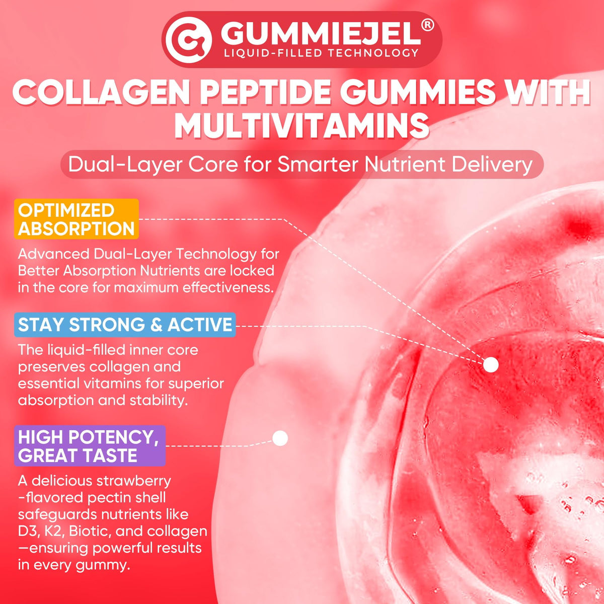 LILICARE premium collagen peptides gummies bottle emphasizing stevia and monk fruit ingredients.