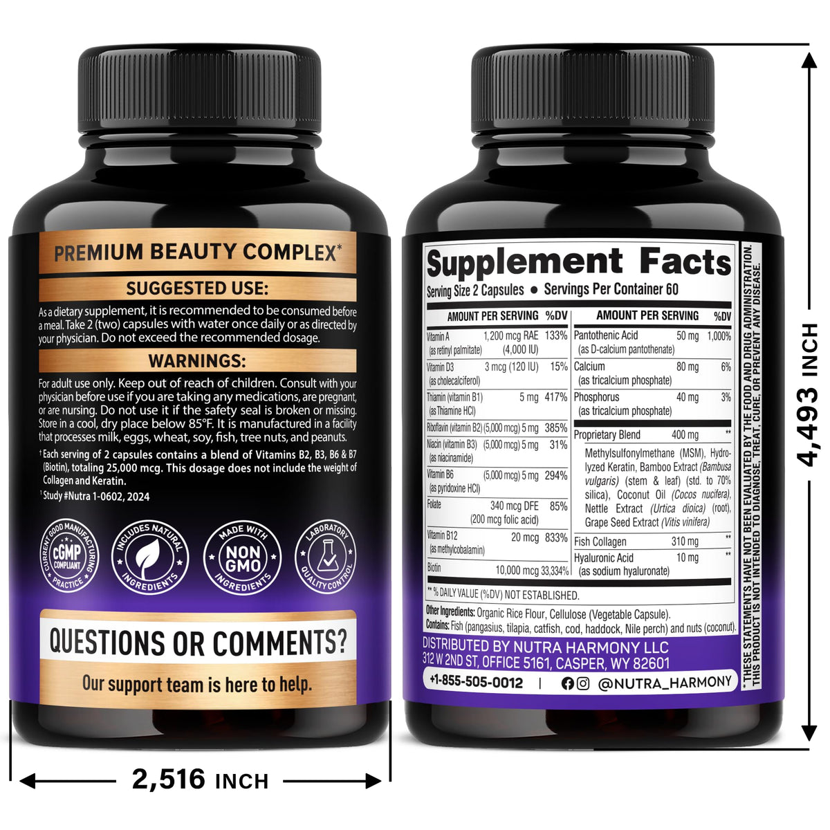 Dlnia Nutriharmony Biotin Collagen Hyaluronic Acid 120 Capsules supplement facts label