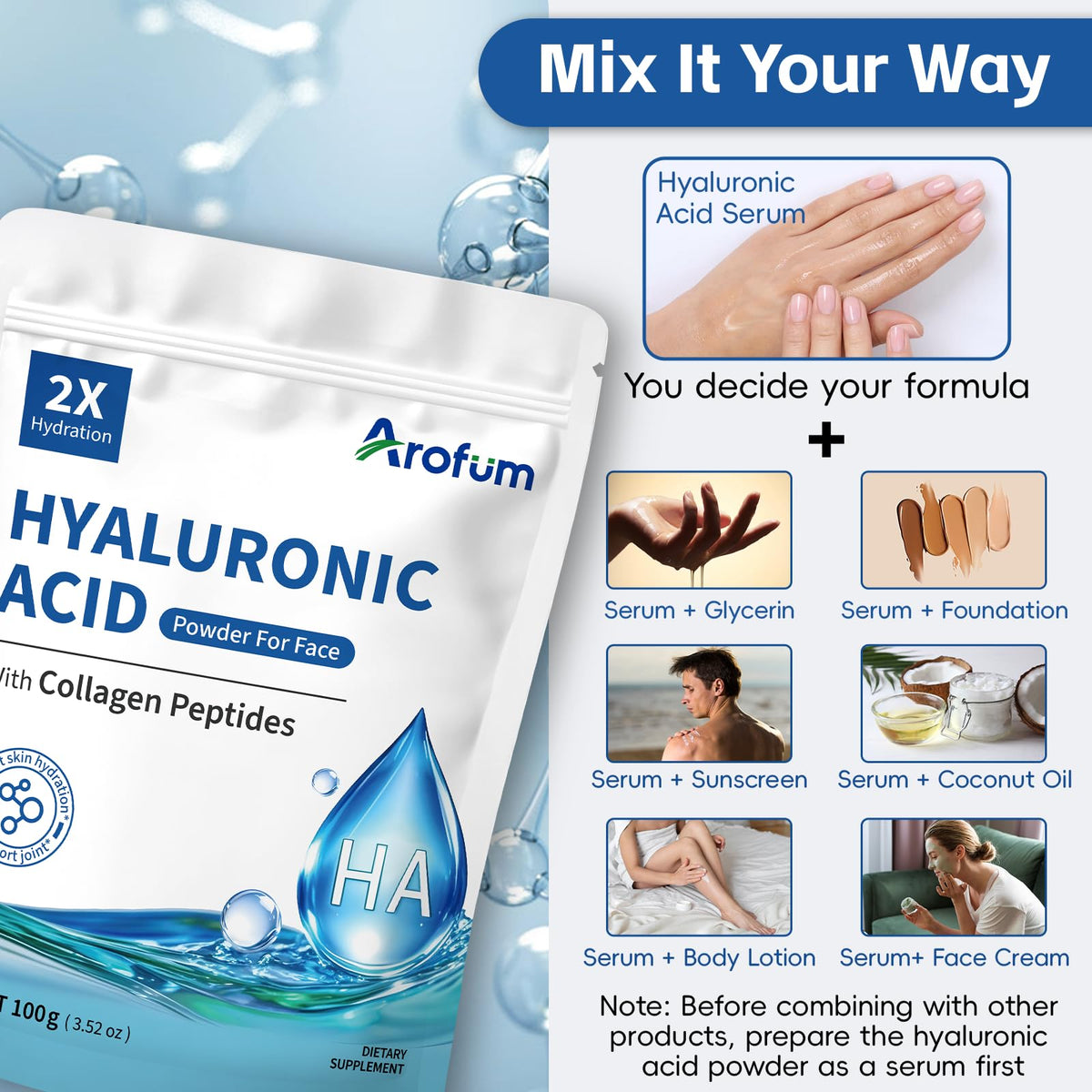 Bifrrutant Arofum Hyaluronic Acid Powder mixed in water showing texture