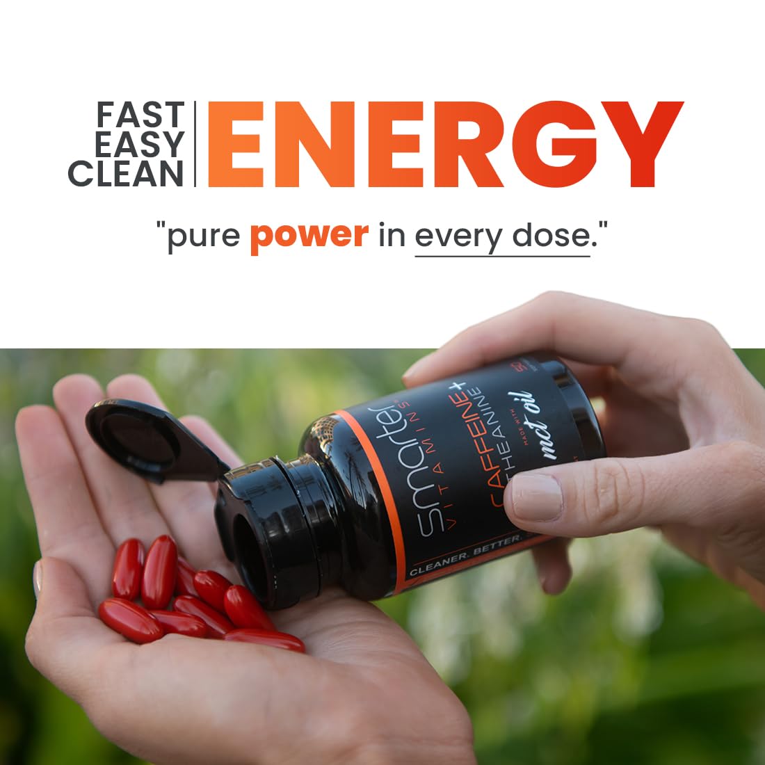 SmarterVitamins clean energy supplement bottle showcasing natural ingredients and coconut oil benefits