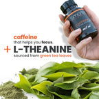 SmarterVitamins focus pills showing nutrition facts label with 200mg caffeine and 100mg L-theanine