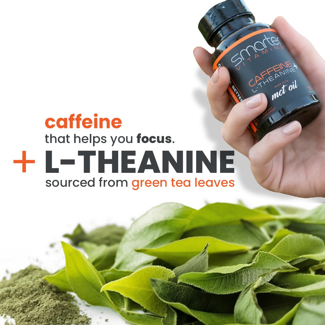 SmarterVitamins focus pills showing nutrition facts label with 200mg caffeine and 100mg L-theanine