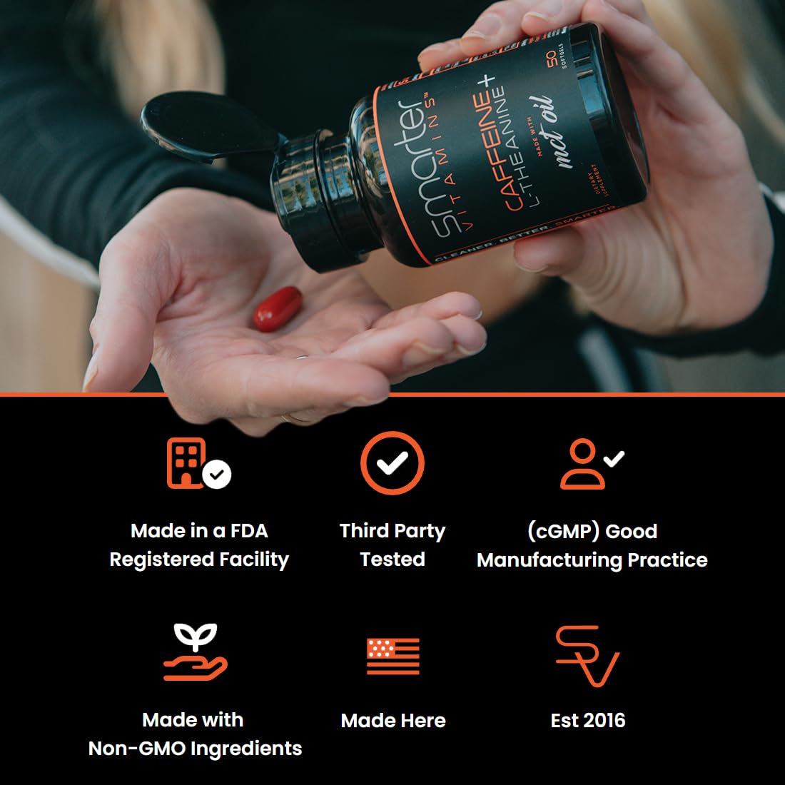 Liquid softgels of SmarterVitamins advanced nootropic stack displayed next to the product packaging