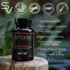 Close up of SmarterVitamins caffeine plus L theanine softgels showing clear liquid formula