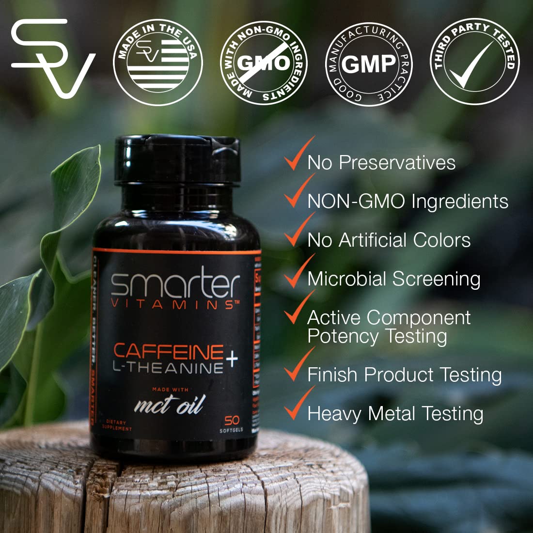 Close up of SmarterVitamins caffeine plus L theanine softgels showing clear liquid formula