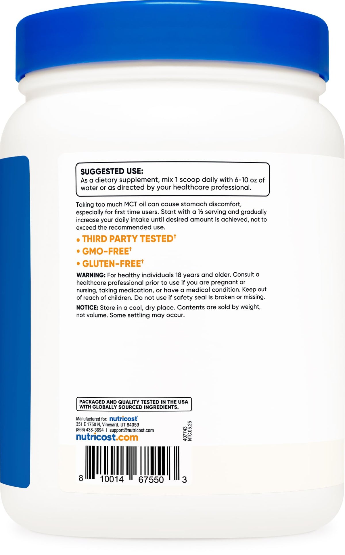 Nutricost premium zero net carbs supplement seal and quality markings