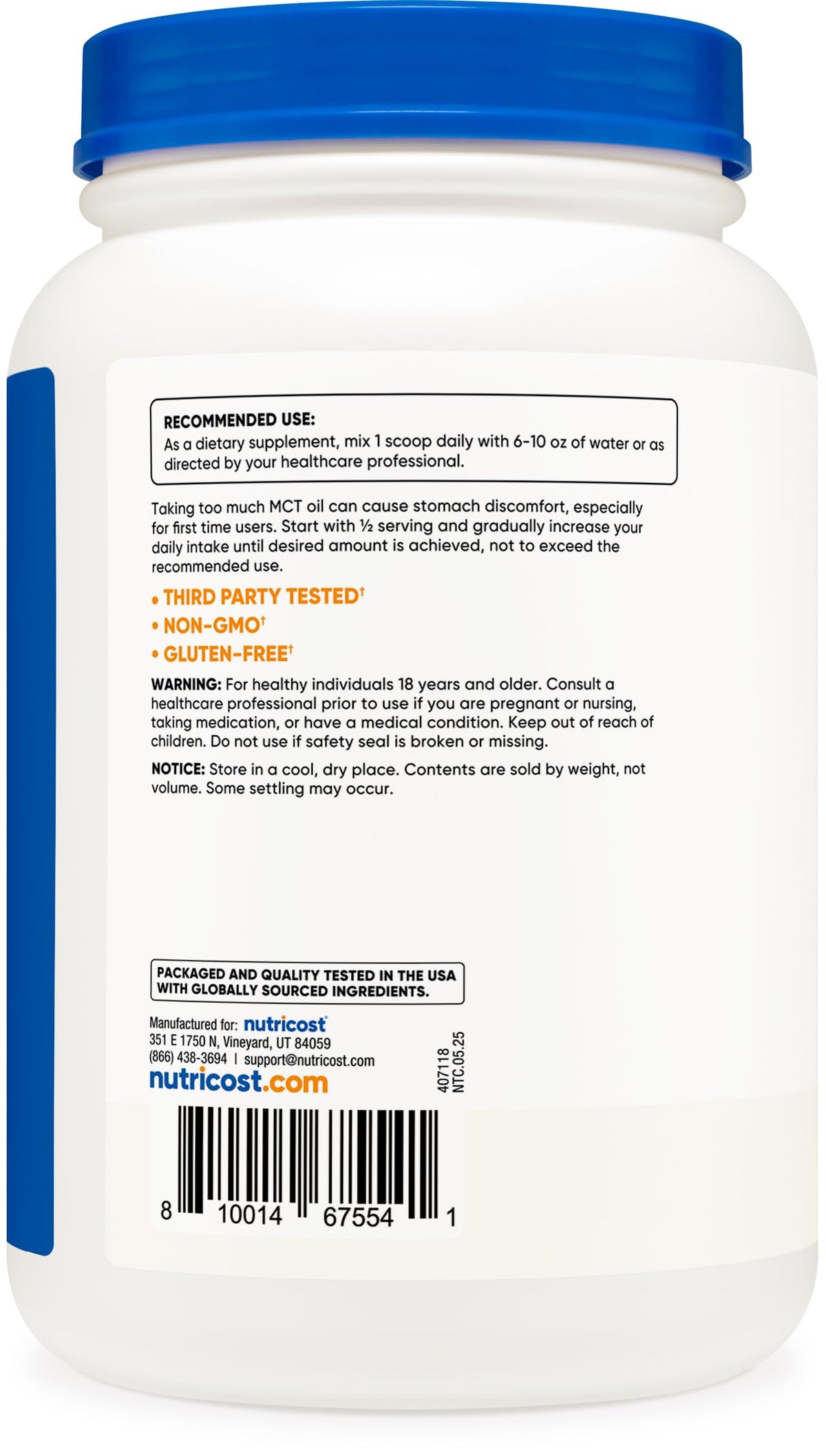 Nutricost medium chain triglycerides supplement supplement facts label showing c8 purity