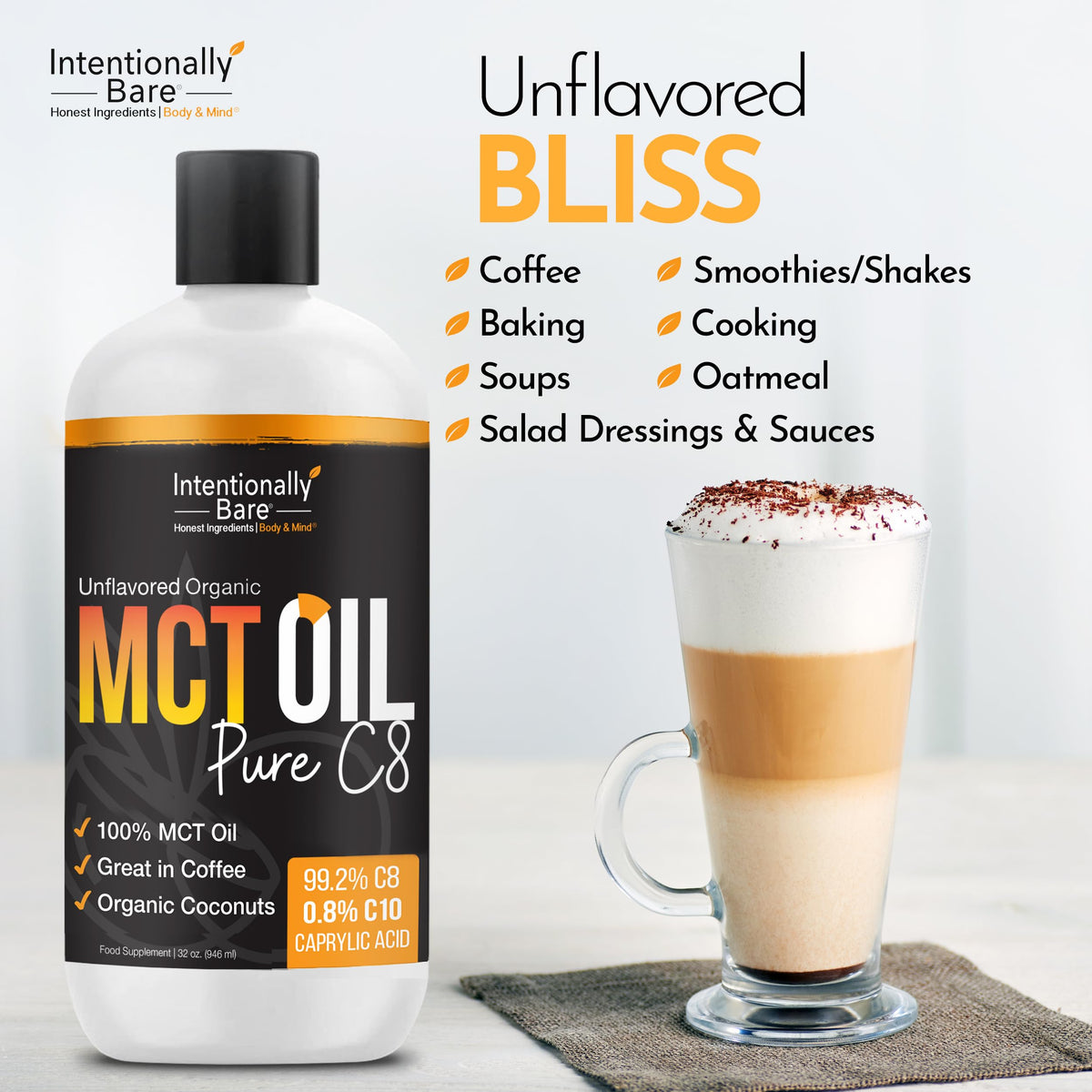 Unflavored C8 medium chain triglycerides liquid bottle back label