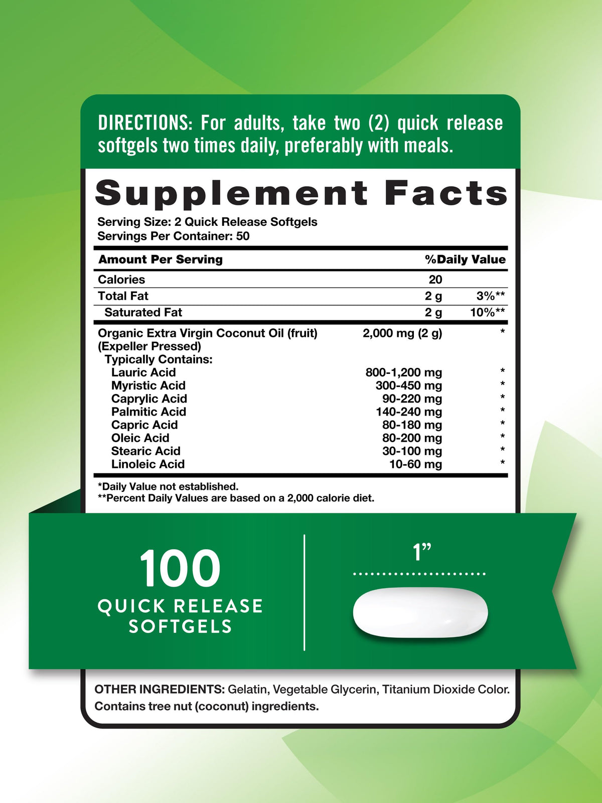 Nature's Truth organic extra virgin coconut oil capsules supplement details side panel