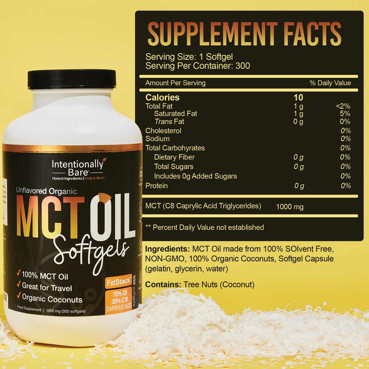 Intentionally Bare coconut MCT oil softgels showing capsule size and texture.
