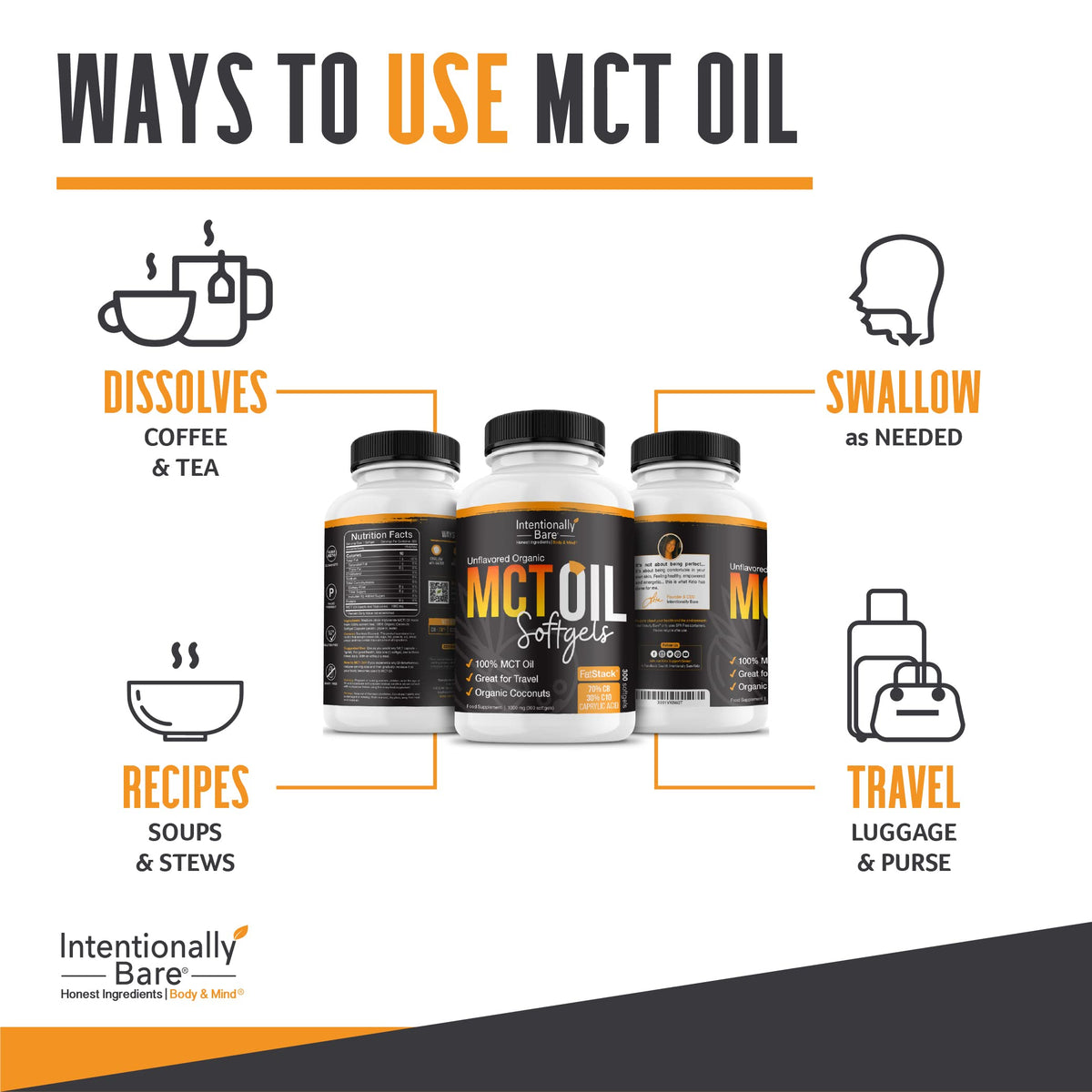 Organic MCT supplement bottle by Intentionally Bare showcasing the 70/30 C8 and C10 ratio.