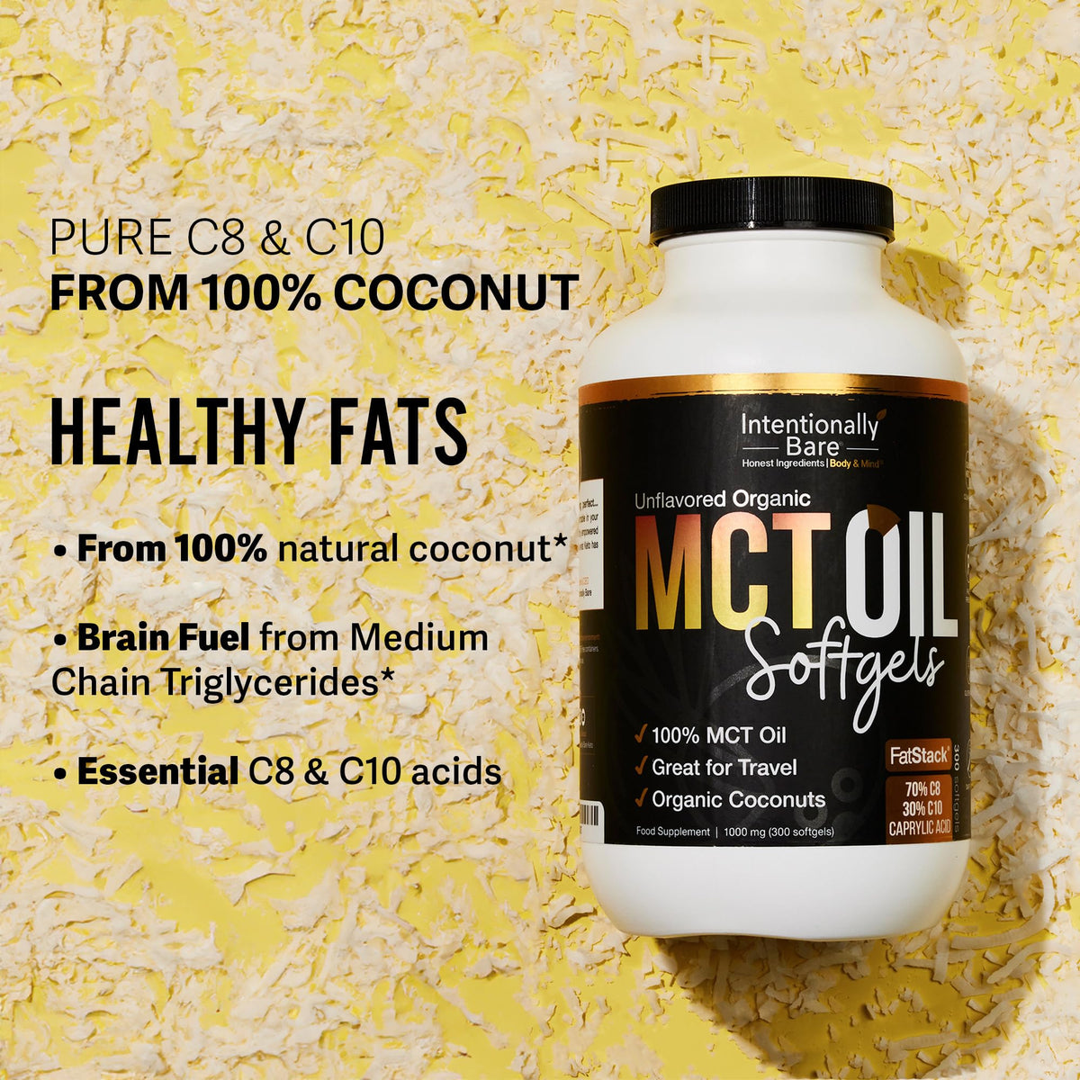 Supplement facts label of Intentionally Bare 1000 Milligram MCT oil capsules.