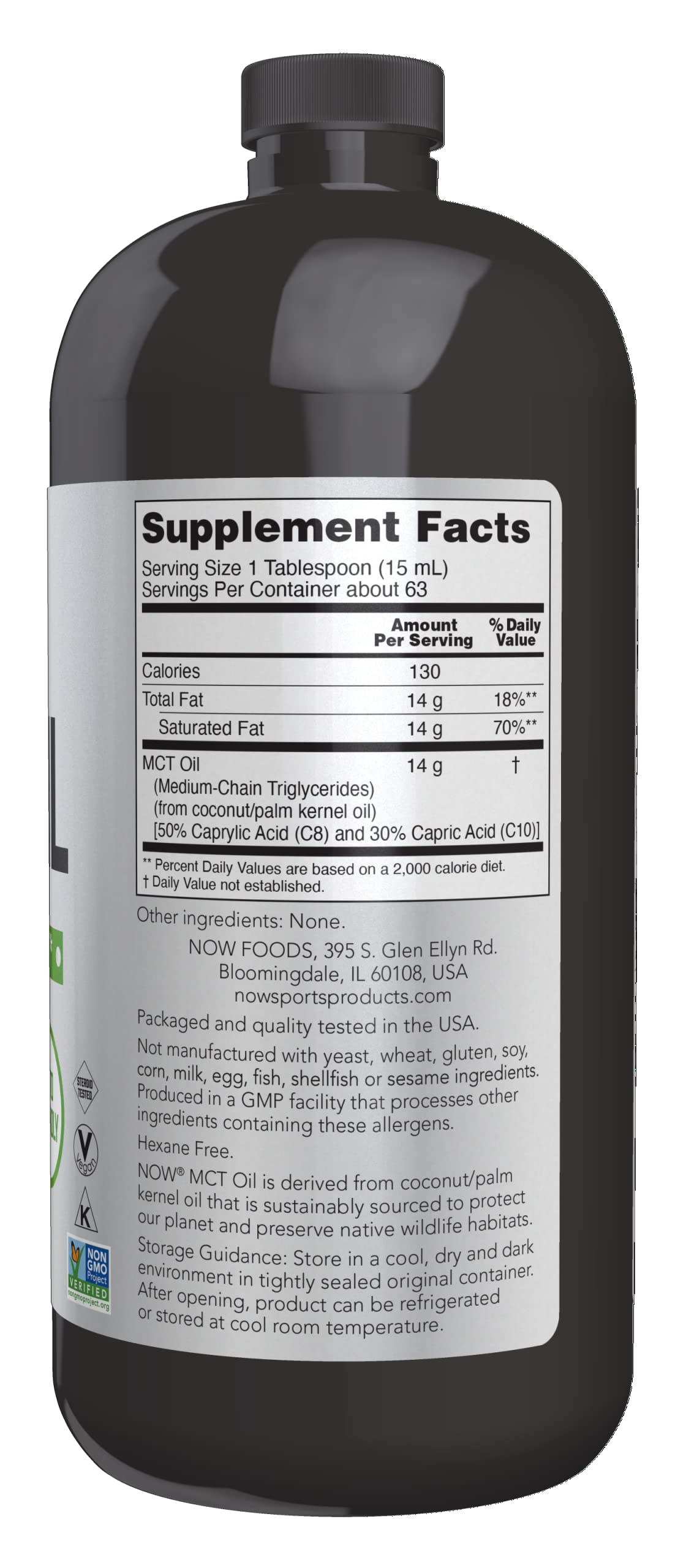 NOW Foods Medium Chain Triglycerides liquid supplement bottle back label displaying nutritional facts and serving directions.