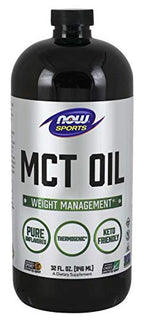 NOW Foods thermogenic unflavored MCT oil liquid being added to a morning fitness smoothie or bulletproof coffee.