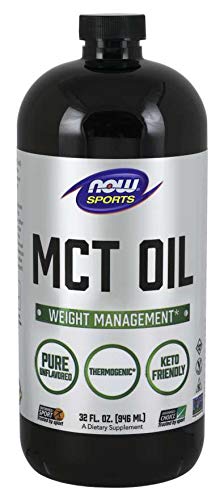 NOW Foods thermogenic unflavored MCT oil liquid being added to a morning fitness smoothie or bulletproof coffee.