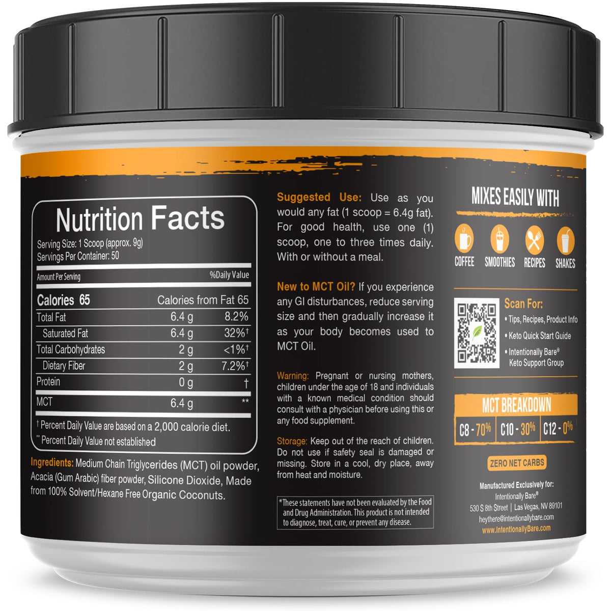 Intentionally Bare MCT oil powder container showing 50 servings text