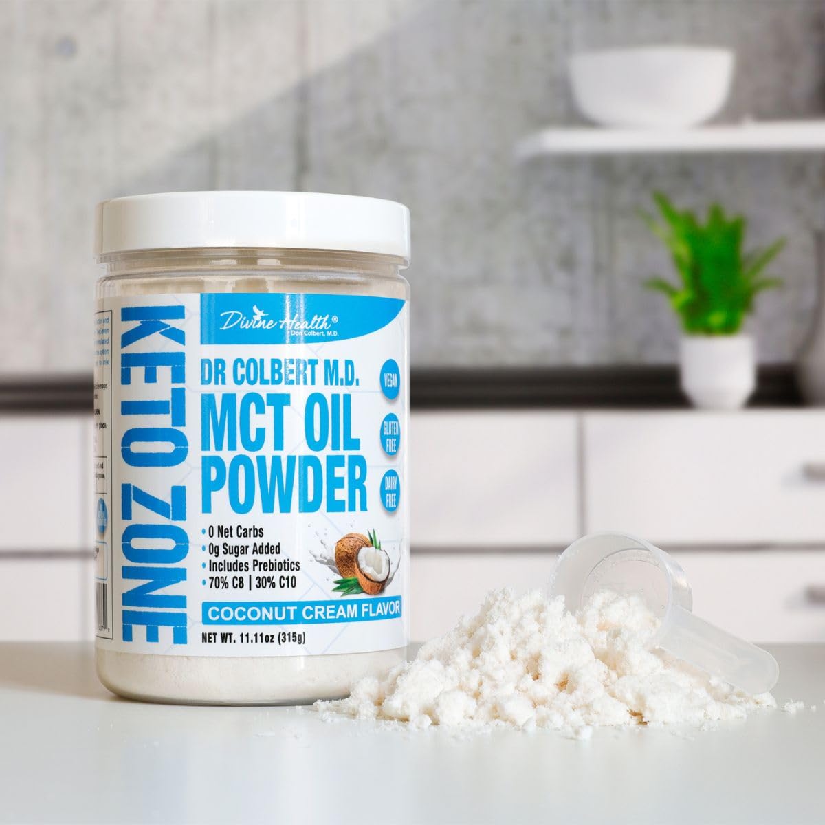 Divine Health ketogenic supplement jar displaying nutritional facts and zero net carbs claim.