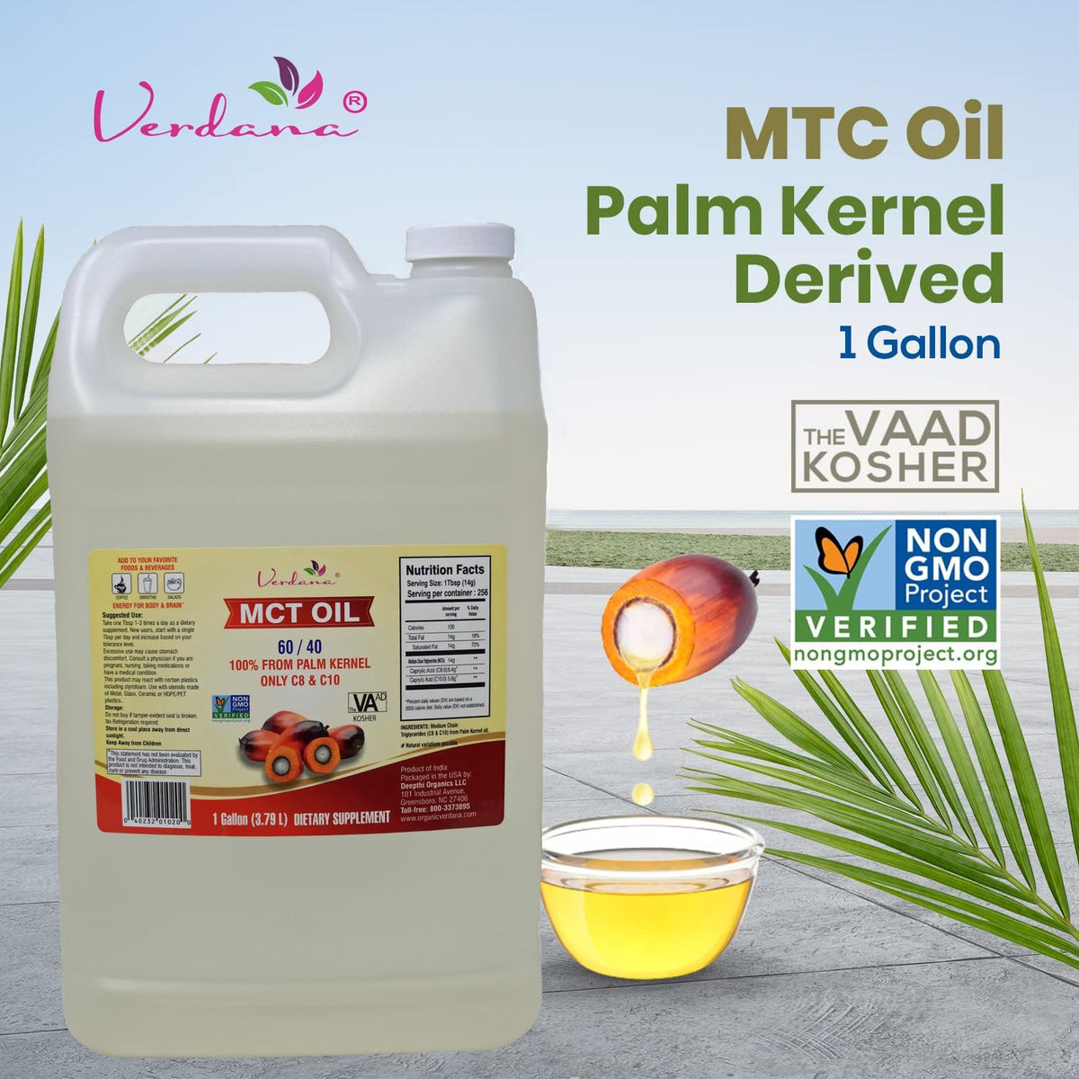 Verdana premium medium chain triglyceride oil nutrition facts and ingredient label.
